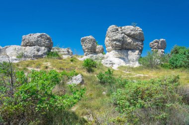Güneşli bir gün boyunca Fransa Les Mourres doğa parkında Forcalquier mantar şeklindeki kaya oluşumları