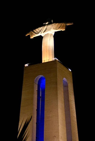 Monumento Cristo Rei Por Noche Lisboa Portugal — Foto de Stock