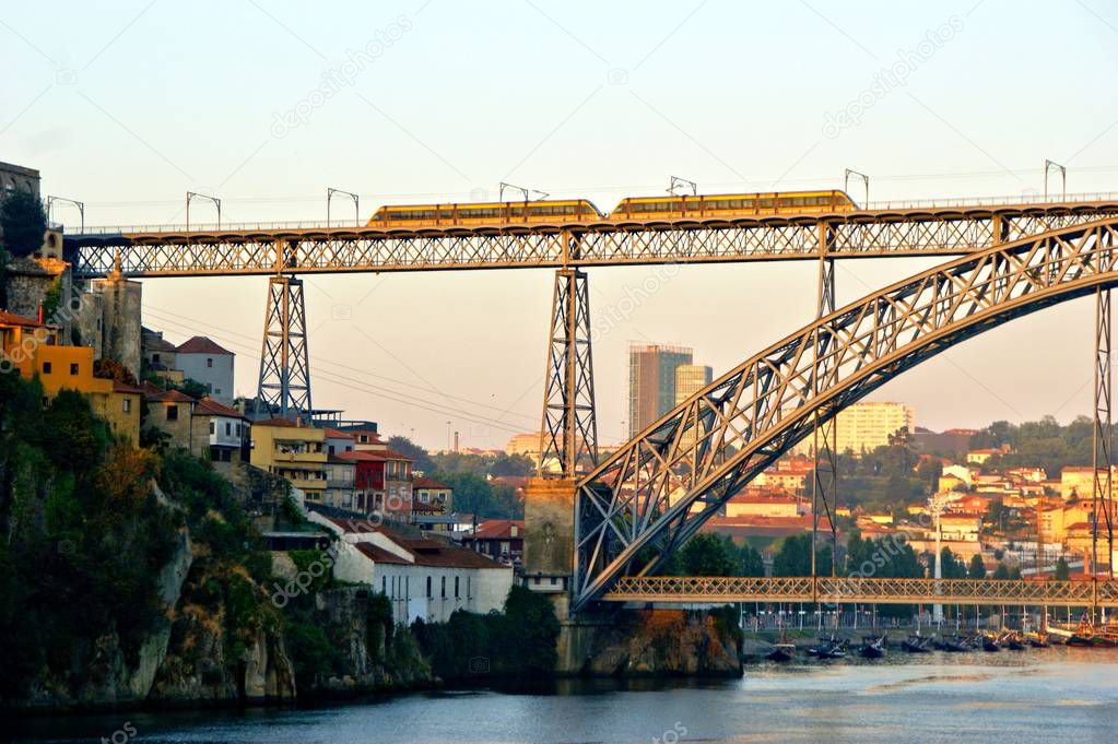 Metro over Bridge Luis I in Porto, Portugal 