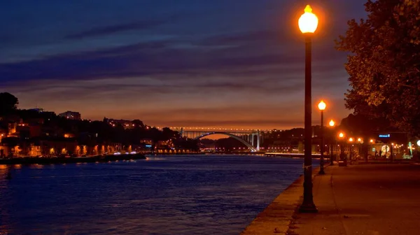 Vista Del Río Duero Por Noche Oporto Portugal — Foto de Stock