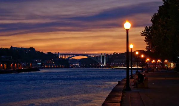 Vista Del Río Duero Por Noche Oporto Portugal — Foto de Stock