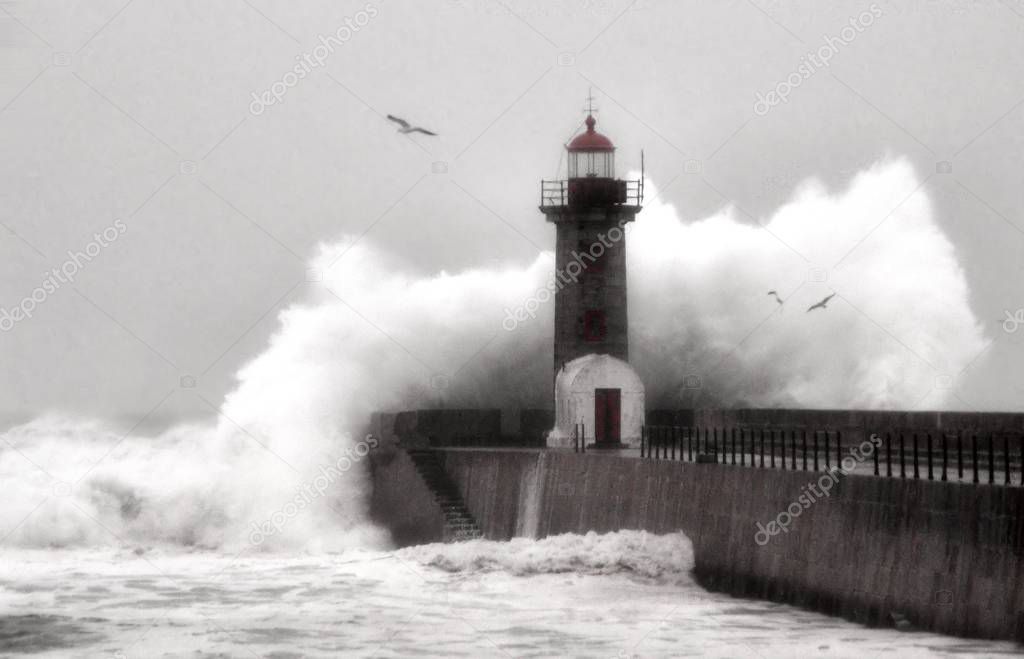 Storm in Oporto lighthouse, Portugal