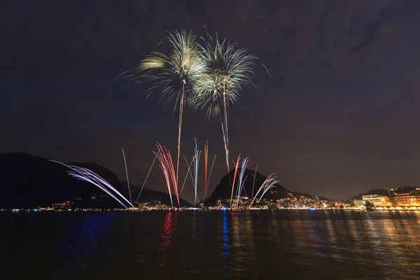 Fireworks Lakefront Lugano Summer Evening Switzerland — Stock Photo, Image