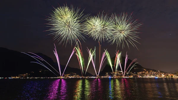 Fireworks Lakefront Lugano Summer Evening Switzerland — Stock Photo, Image