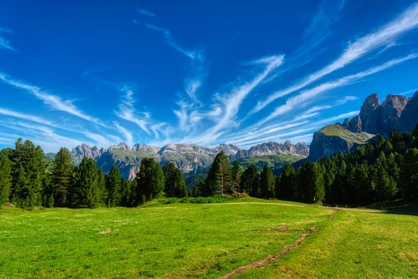 Krajina Zelené Louky Hor Gardena Valley Letním Ránu Malebnými Mraky — Stock fotografie