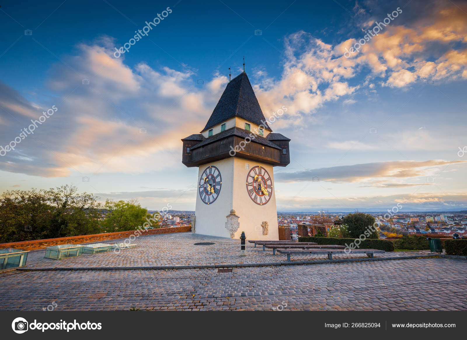 Graz clock tower at sunset, Graz, Styria, Austria Stock Photo by