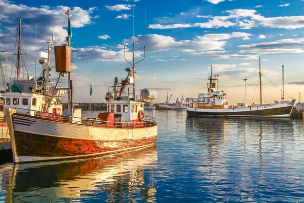 Panoramic view of traditional old wooden fisherman boats lying in harbor, Iceland — Stock Photo, Image