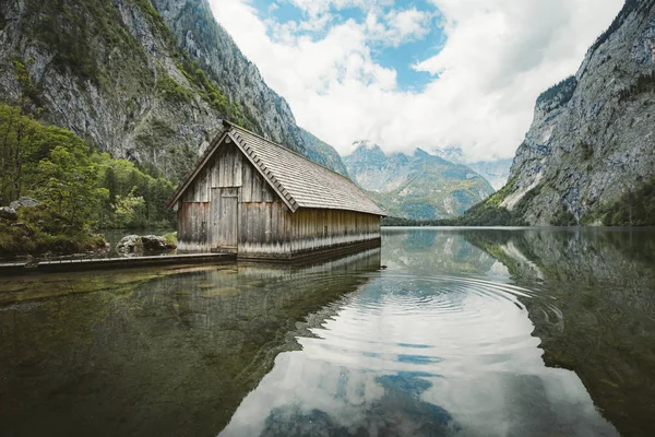 Vista Idílica Tradicional Casa Barco Madeira Velha Cénico Lago Obersee — Fotografia de Stock