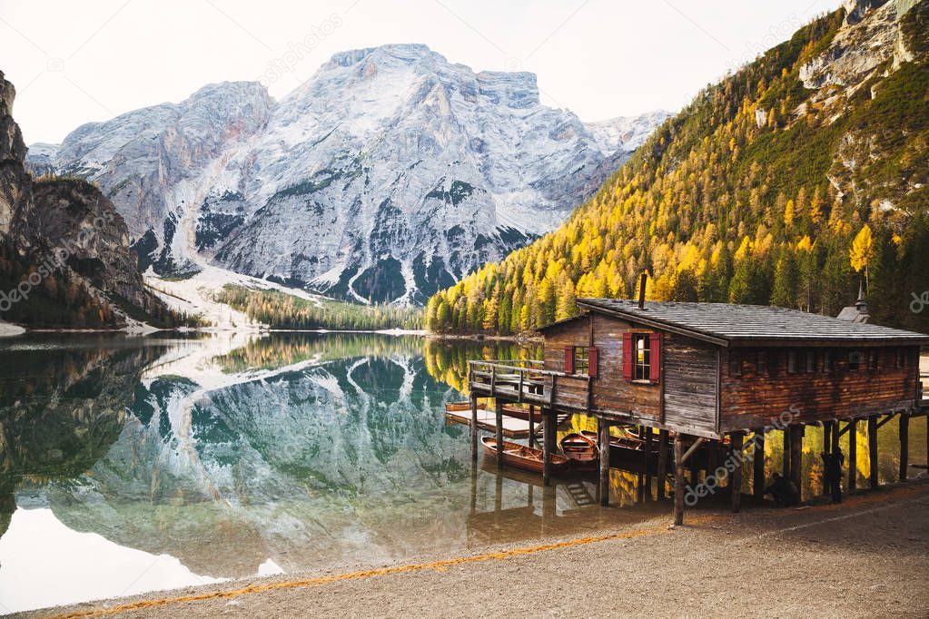 Lago di Braies in fall, Dolomites, South Tyrol, Italy