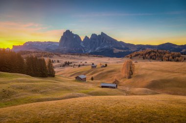 Gün doğumunda Alpe di Siusi, Dolomites, Güney Tirol, İtalya