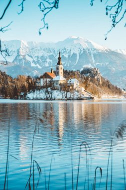 Bled Adası ve Kale ile Bled Gölü kışın gün doğumunda, Slovenya