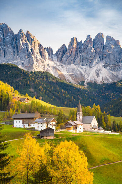 Val di Funes in the Dolomites at sunset, South Tyrol. Italy
