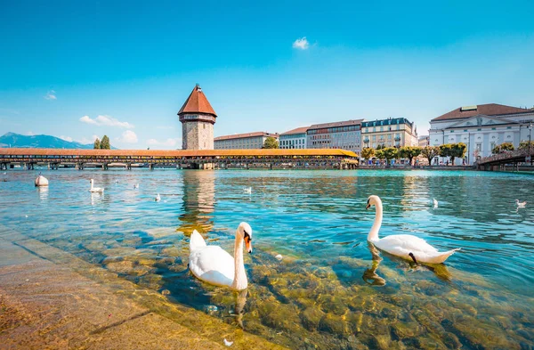 Kota bersejarah Lucerne dengan Jembatan Kapel yang terkenal, Swiss — Stok Foto