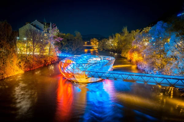 Grazer Murinsel at night, Graz, Styria, Austria — Stock Photo, Image