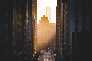 Ünlü California Street ile san Francisco şehir güzel görünümü yaz aylarında gün doğumunda ilk altın sabah ışığı ile aydınlatılmış, San Francisco, Kaliforniya, ABD