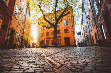 İsveç 'in Gamla Stan Old Town semtinde gün batımında güzel altın gece ışığında eski renkli evlerin olduğu büyüleyici Stockholm sokak sahnesi