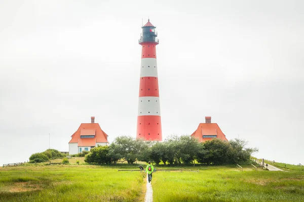 Man Walking Famous Westerheversand Sunny Day Blue Sky Clouds Summer — Fotografia de Stock