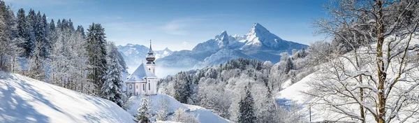 Panoramatický Pohled Krásnou Zimní Krajinu Bavorských Alpách Poutním Kostelem Marie — Stock fotografie