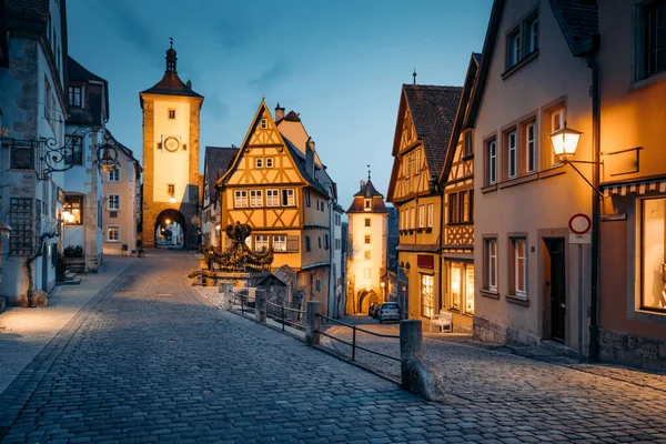 Vista Clássica Cidade Medieval Rothenburg Der Tauber Iluminada Lindo Crepúsculo — Fotografia de Stock