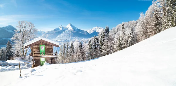 Panoramisch Uitzicht Traditionele Houten Berghut Schilderachtige Winter Wonderland Berglandschap Alpen — Stockfoto