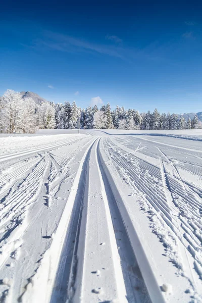 Close View Empty Cross Country Skiing Track Beautiful Winter Wonderland — Stock Photo, Image