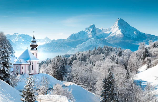 Krásná Zimní Divná Krajina Alpách Poutním Kostelem Maria Gern Slavným — Stock fotografie