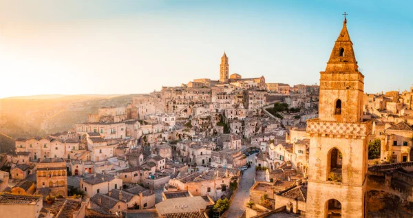 Panoramatický Výhled Starobylé Město Matera Sassi Matera Krásném Zlatém Ranním — Stock fotografie