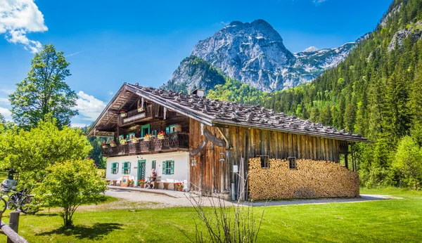 Panoramic View Idyllic Mountain Scenery Alps Traditional Farmhouse Fresh Green — Stock Photo, Image