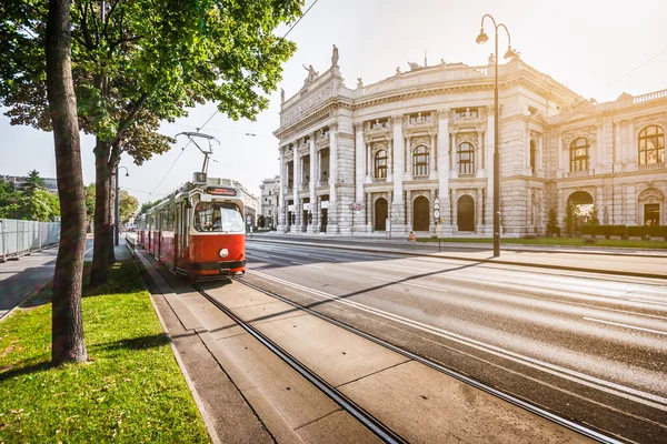 Berühmte Wiener Ringstraße Mit Historischem Burgtheater Und Traditioneller Roter Straßenbahn — Stockfoto