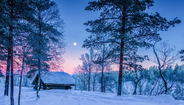 Panoramic View Beautiful Winter Wonderland Scenery Traditional Wooden Shelter Scenic — Stock Photo, Image