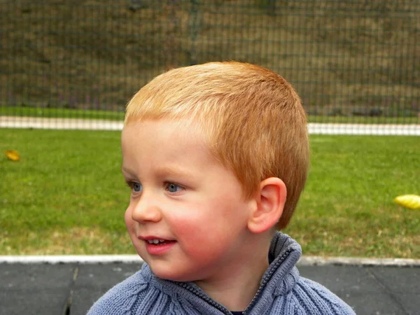 Portret Czarującego Blondyna Siwymi Oczami Trzyletni Chłopiec Patrzy Dal Uśmiecha — Zdjęcie stockowe