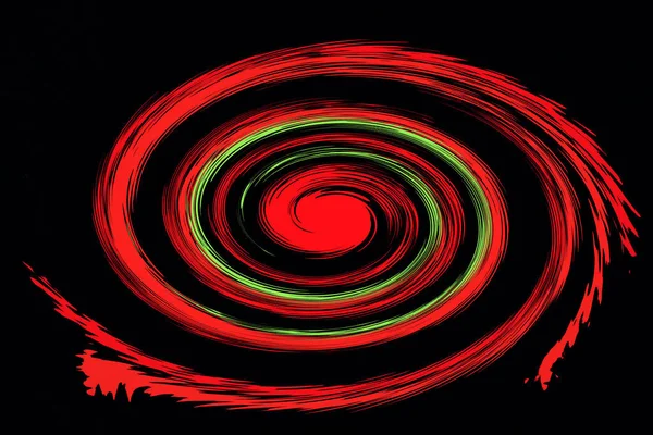 抽象螺旋形元素在不规则的 随机的方式 几何催眠涡旋 黑色背景上的红绿螺旋元件 — 图库照片