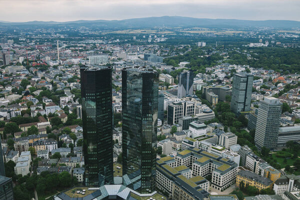 aerial view of cityscape with skyscrapers and buildings in Frankfurt, Germany 