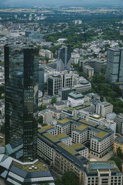Aerial view of cityscape with skyscrapers and buildings in Frankfurt, Germany
