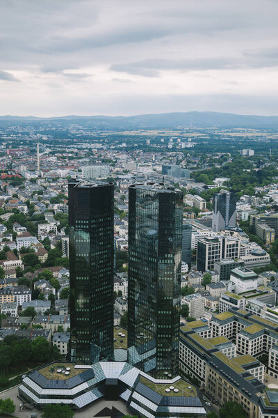 Aerial view of cityscape with skyscrapers and buildings in Frankfurt, Germany