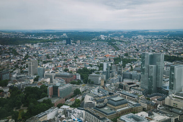 aerial view of cityscape with skyscrapers and buildings in Frankfurt, Germany 