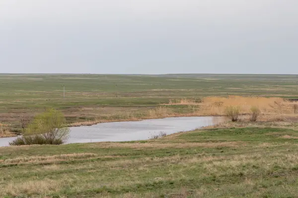 Řeka Kopce Stepi Západního Kazachstánu Vysychání Řeky Environmentální Problém Kazachstánu — Stock fotografie