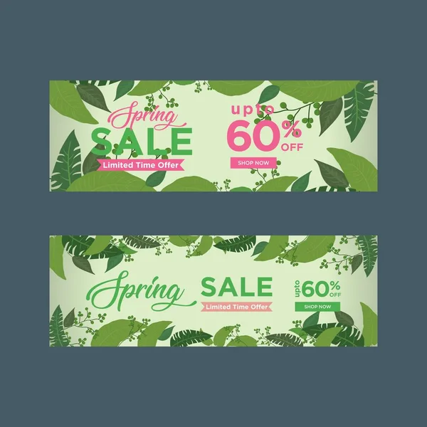 Bannières vertes de vente de printemps avec des frontières feuillues — Image vectorielle