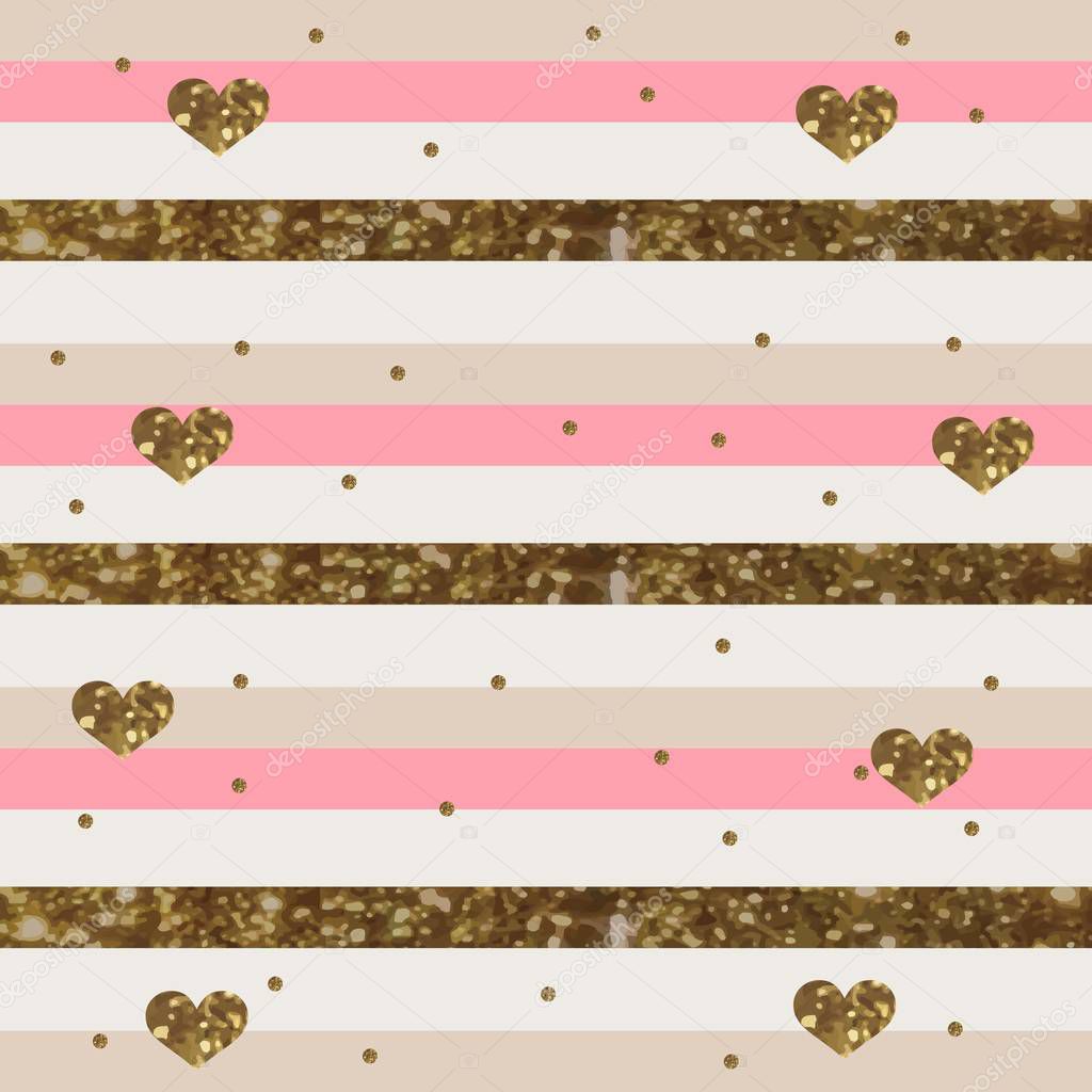 Pinkish White Striped Pattern with Sparkly Gold Hearts