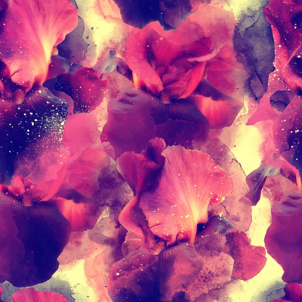 デジタル混在メディア水彩画春南菖蒲の花でシームレスなパターン — ストック写真