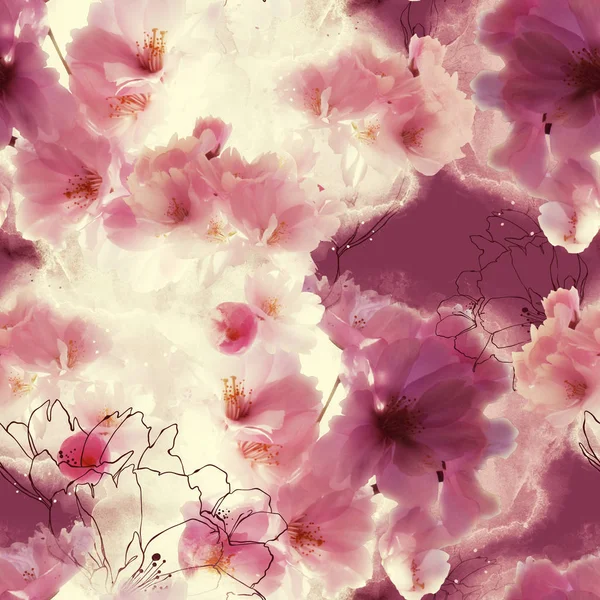 Aquarell Und Digitale Bildmischung Wiederholen Nahtlose Muster Mit Blütenkirschblüten — Stockfoto