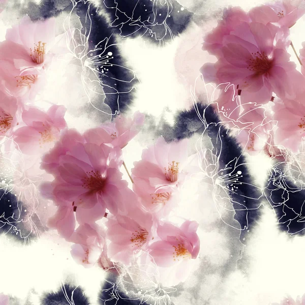 Aquarel Digitale Foto Mengen Naadloze Terugkeerpatroon Met Bloesem Cherry Bloemen — Stockfoto