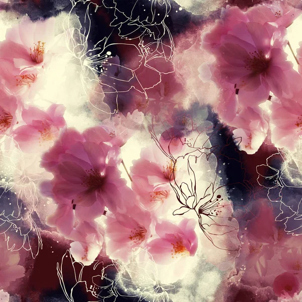 Aquarela Mistura Imagem Digital Repetir Padrão Sem Costura Com Flores — Fotografia de Stock