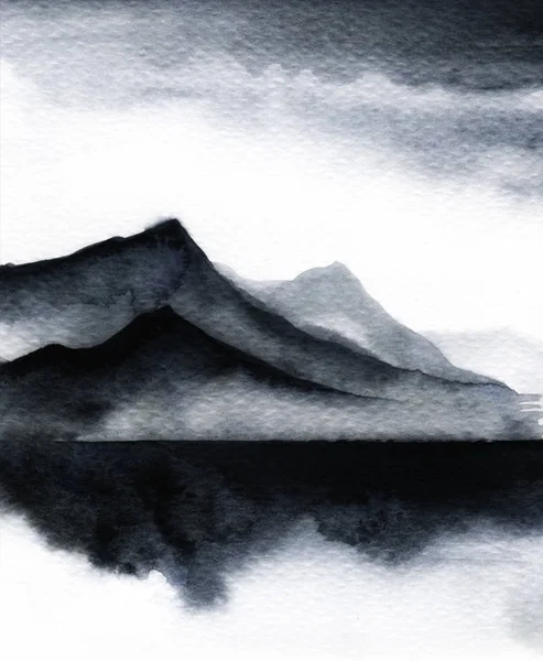 Watercolour sketch of abstract gray landscape with mountains and sky