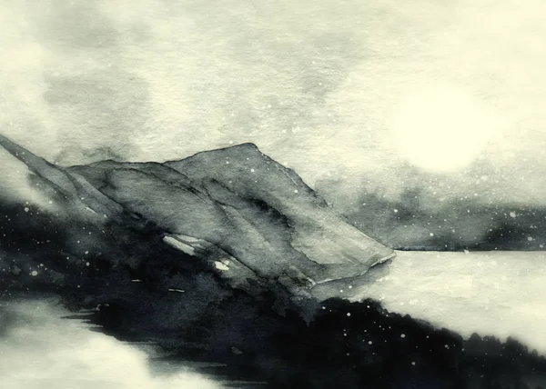 Akvarell Skiss Abstrakt Grå Landskap Med Berg Och Sky — Stockfoto