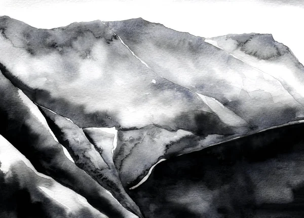 Watercolour sketch of abstract gray landscape with mountains and sky