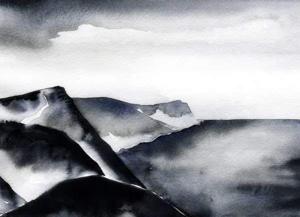 Esbozo Acuarela Paisaje Gris Abstracto Con Montañas Cielo — Foto de Stock