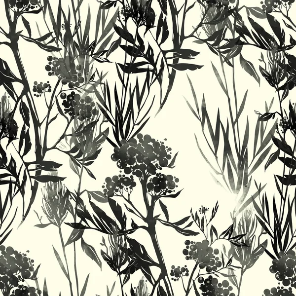watercolour and digital hand drawn mix repeat seamless pattern with imprints abstract grass and flowers