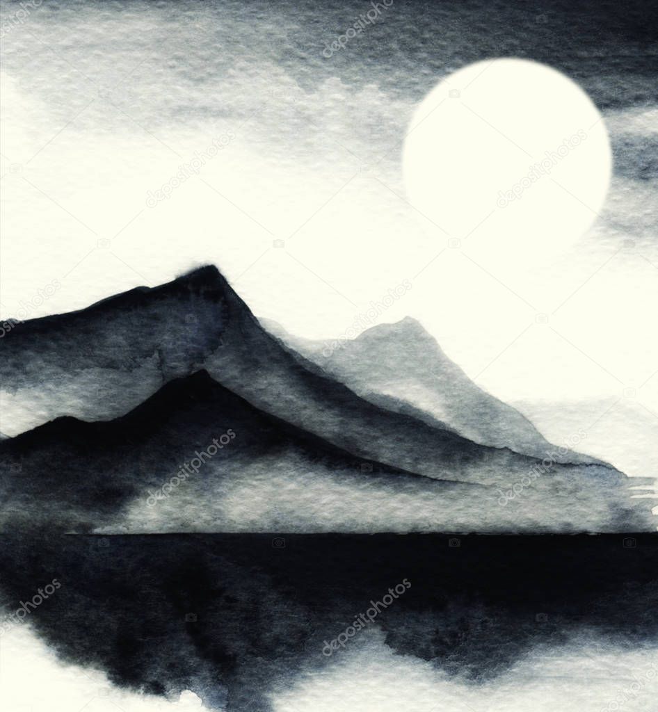 Watercolour sketch of abstract gray landscape with mountains and sky 