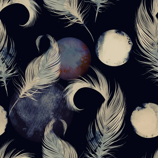 Akvarell Sömlös Upprepa Mönster Med Fjädrar Och Månen Med Planeter — Stockfoto